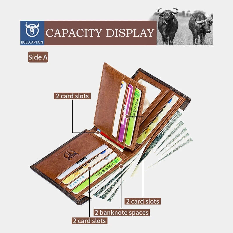 (image for) BULLCAPTAIN Genuine Leather RFID Blocking Wallet for Men, Retro Thin Short Multi-functional ID Credit Card Holder Multiple Card Slots Purse with Gift Box, Gifts To Mens Birthday